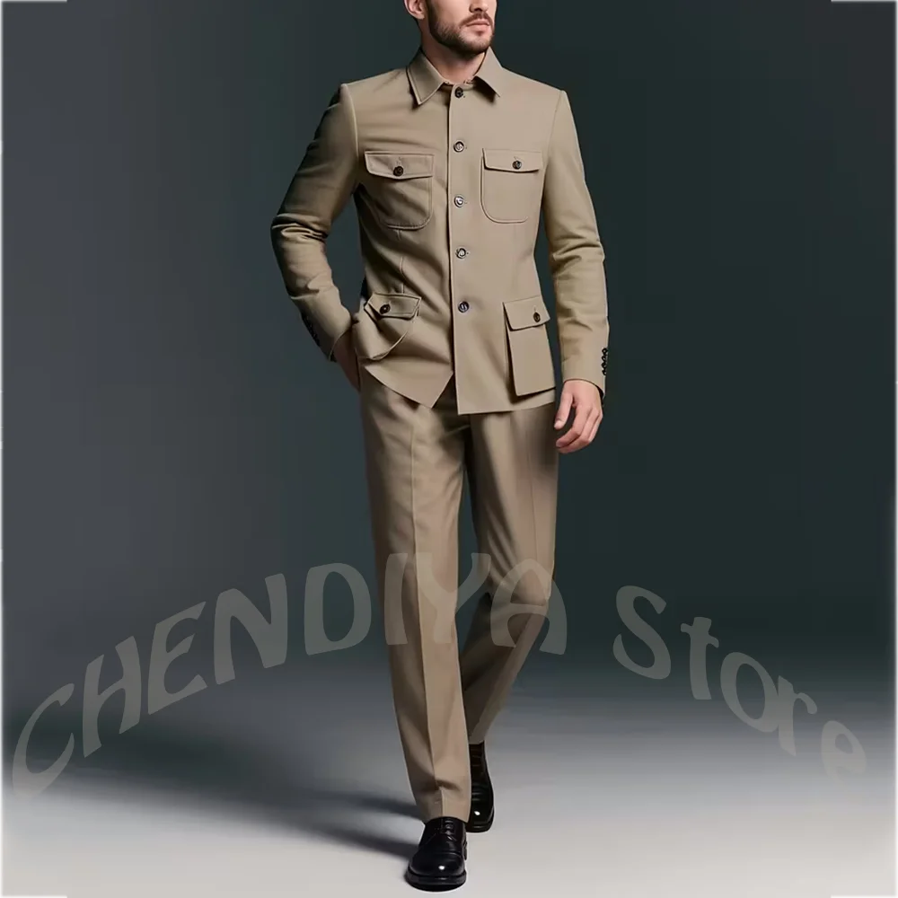Classic Khaki Men's Suit Two Piece Set Multi Pocket Single Breasted Safari Outfit Slim Fit Gentleman Prom Party Costume Homme
Classic Khaki Men's Suit Two Piece Set Multi Pocket Single Breasted Safari Outfit Slim Fit Gentleman Prom Party Costume Homme