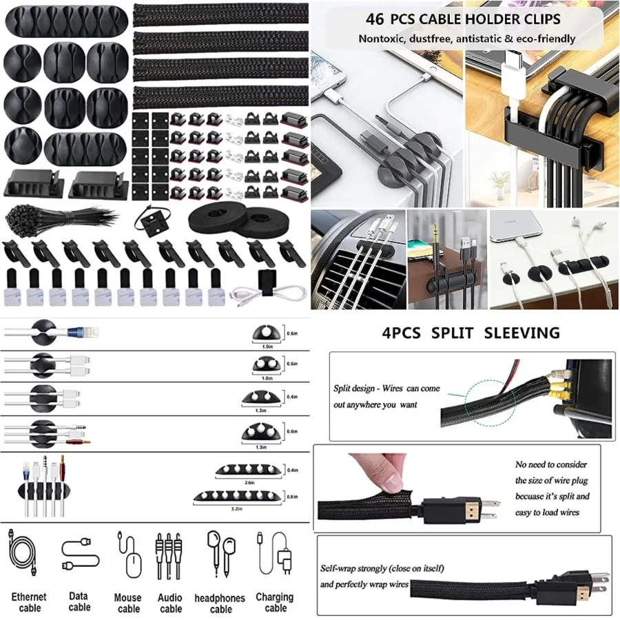 Cord Management Organizer Kit 4 Cable Sleeve split with 41Self Adhesive Cable Clips Holder, 10pcs and 2 Roll Self Adhesive tie
Cord Management Organizer Kit 4 Cable Sleeve split with 41Self Adhesive Cable Clips Holder, 10pcs and 2 Roll Self Adhesive tie