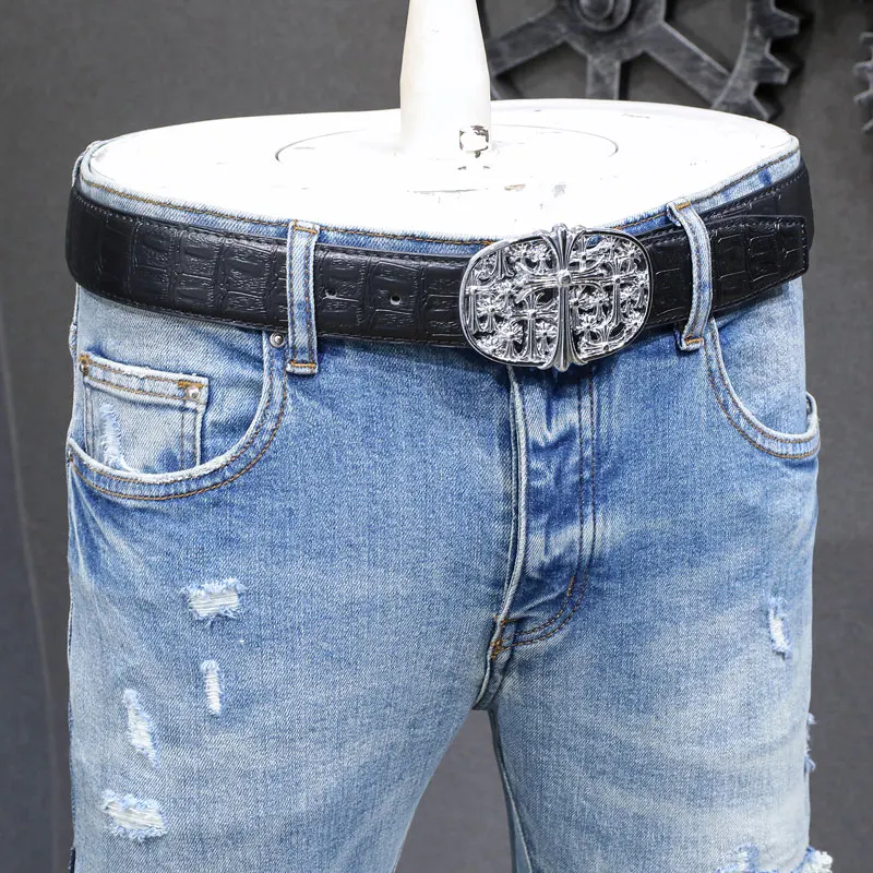 Y2KDesigner High Street Fashion New Light Blue Men's Jeans Stretch Slim Fit Splice Leather Jeans Hip Hop Brand Pants Hombre
Y2KDesigner High Street Fashion New Light Blue Men's Jeans Stretch Slim Fit Splice Leather Jeans Hip Hop Brand Pants Hombre