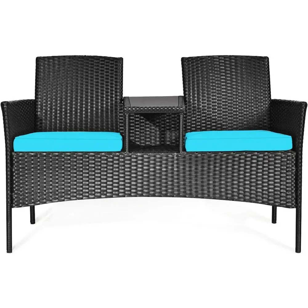 Rattan Wicker Outdoor Patio Furniture Set with Table and Cushions (Black + Blue)
Rattan Wicker Outdoor Patio Furniture Set with Table and Cushions (Black + Blue)