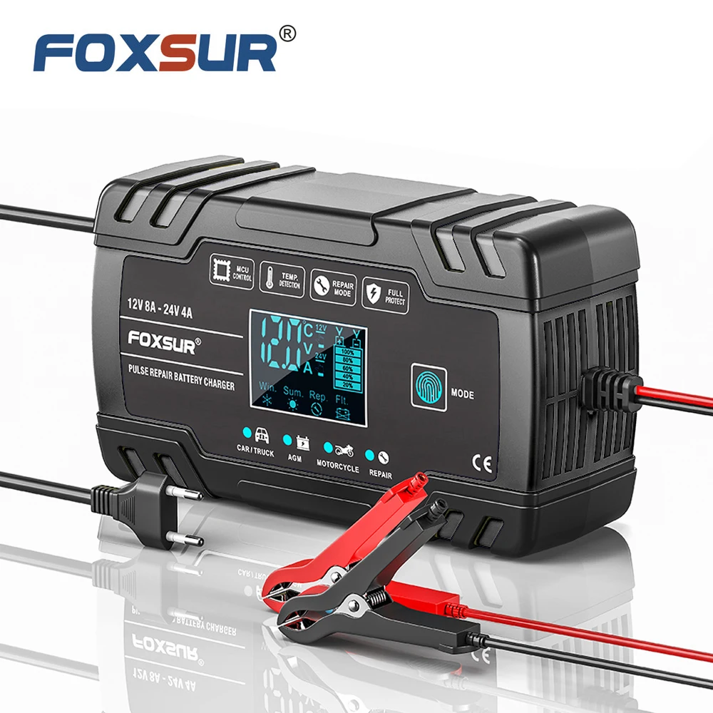 FOXSUR Автомобильное зарядное устройство 12 В/8 А 24 В/4 А Полностью автоматические умные зарядные устройства для аккумуляторов Портативное импульсное зарядное устройство для ремонта аккумулятора
FOXSUR Автомобильное зарядное устройство 12 В/8 А 24 В/4 А Полностью автоматические умные зарядные устройства для аккумуляторов Портативное импульсное зарядное устройство для ремонта аккумулятора