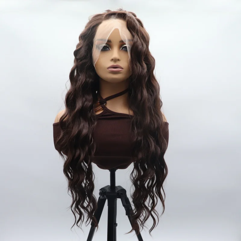 Hand-crafted lace front wig, brown, large wavy synthetic long curly hair, African curl, voluminous headpiece
Hand-crafted lace front wig, brown, large wavy synthetic long curly hair, African curl, voluminous headpiece