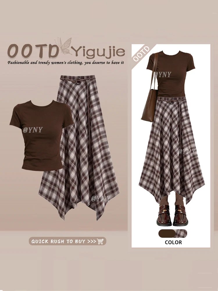 Retro Korean Style Slim Fit Base Shirt Top Summer Plaid Asymmetrical Skirt Two Piece Set Women's Fashion Ensemble
Retro Korean Style Slim Fit Base Shirt Top Summer Plaid Asymmetrical Skirt Two Piece Set Women's Fashion Ensemble