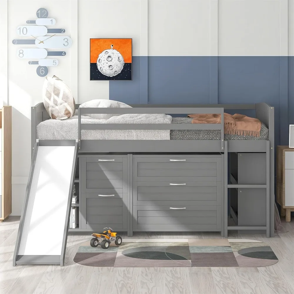 Twin Loft Bed with Slide, Low Loft Bed with Cabinet, Kids Lofts Beds with Storage Shelves and Drawers,Twin Size LoftBed Frame
Twin Loft Bed with Slide, Low Loft Bed with Cabinet, Kids Lofts Beds with Storage Shelves and Drawers,Twin Size LoftBed Frame
