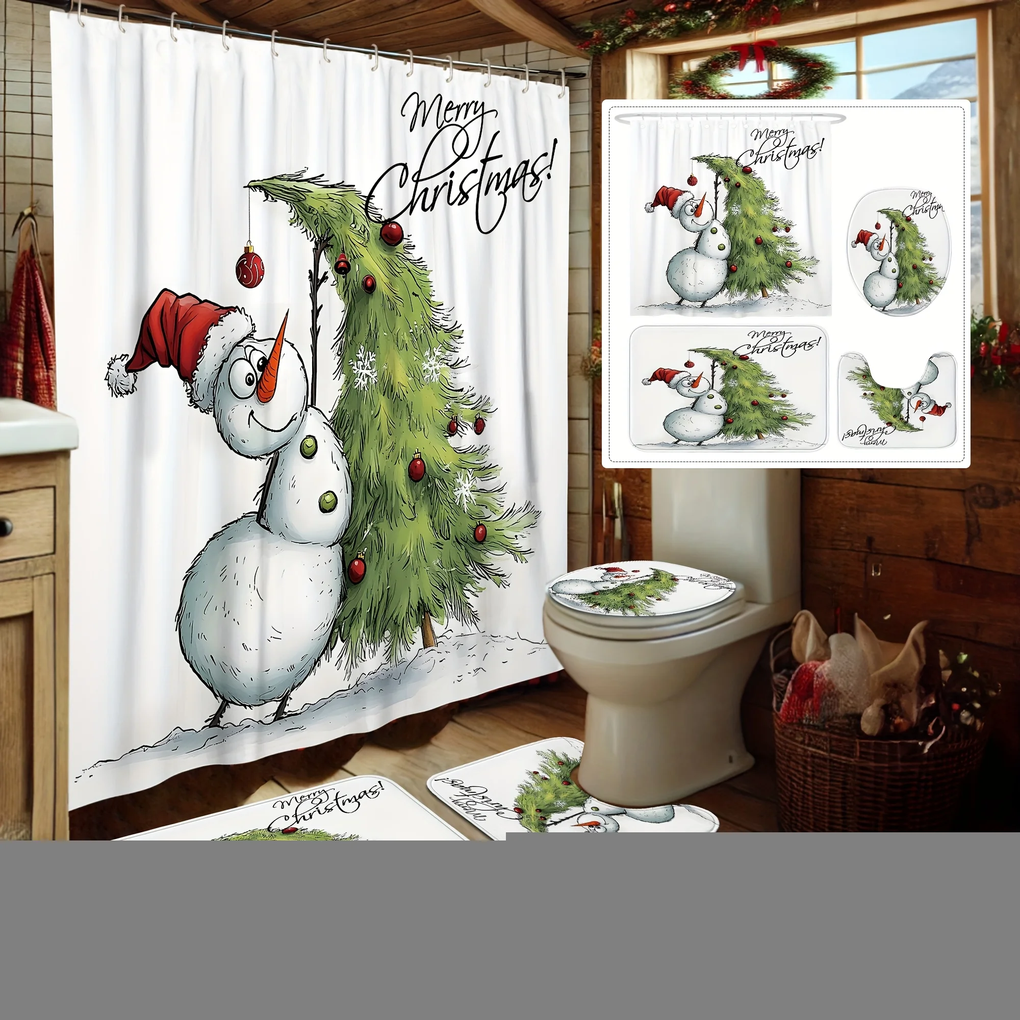 Рождественский душевой набор из 4 предметов, елочный снеговик, забавный зеленый красный цвет, праздничный декор для ванны, 12 крючков, нескользящий коврик, U-образный чехол 
Рождественский душевой набор из 4 предметов, елочный снеговик, забавный зеленый красный цвет, праздничный декор для ванны, 12 крючков, нескользящий коврик, U-образный чехол
