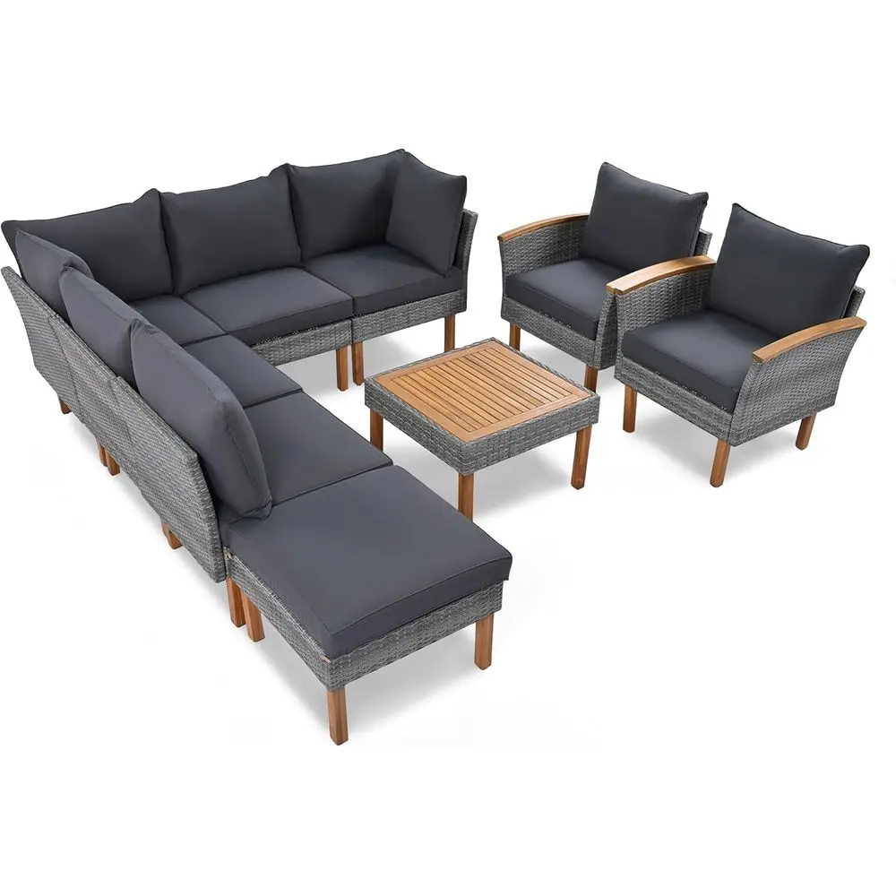 Gray Outdoor Wicker Sectional Patio Furniture Set with Acacia Wood Legs and Thick Cushions for Balcony
Gray Outdoor Wicker Sectional Patio Furniture Set with Acacia Wood Legs and Thick Cushions for Balcony