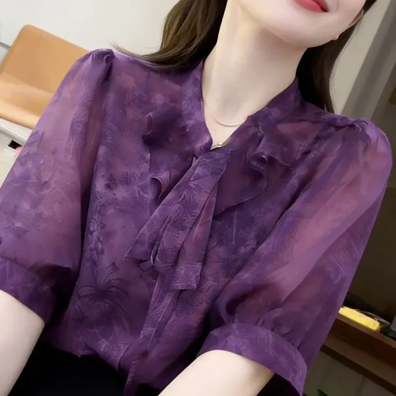 Womens Bow Tie Ruffle Collar Chiffon Blouse Half Sleeve Loose Printed Thin Casual Shirt
Womens Bow Tie Ruffle Collar Chiffon Blouse Half Sleeve Loose Printed Thin Casual Shirt