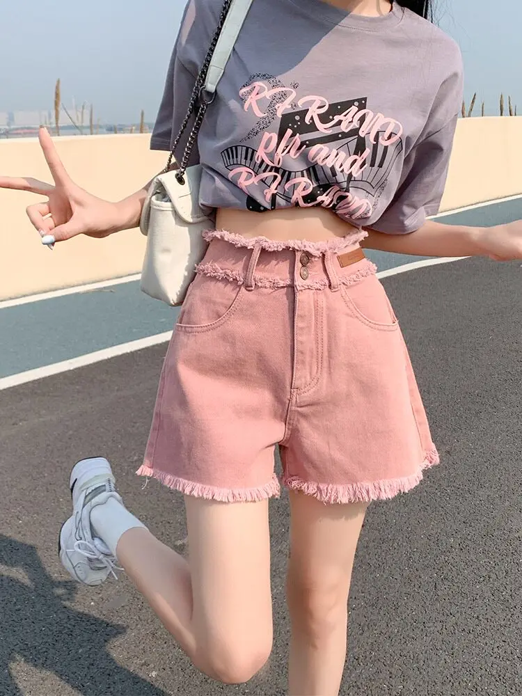 High Waist A-Line Wide Leg ort Jeans Women's Spring Summer New Sle Faux Distred Pink Denim Hot Pants with Frayed Hem
High Waist A-Line Wide Leg ort Jeans Women's Spring Summer New Sle Faux Distred Pink Denim Hot Pants with Frayed Hem