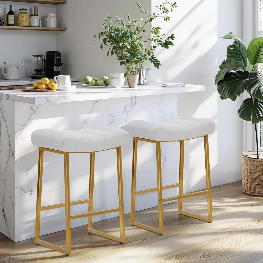 White & Gold Counter Height Bar Stools Set of 2 for Kitchen Counter Modern Backless Barstools with Upholstered Faux Leather Seat
White & Gold Counter Height Bar Stools Set of 2 for Kitchen Counter Modern Backless Barstools with Upholstered Faux Leather Seat