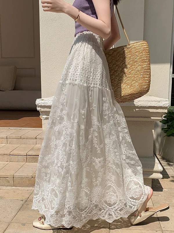Elegant Embroidered Lace A-Line Skirt Women's Spring Elastic Waist Mesh Skirt Draping Long Skirt Sweet Style Standard Fit
Elegant Embroidered Lace A-Line Skirt Women's Spring Elastic Waist Mesh Skirt Draping Long Skirt Sweet Style Standard Fit