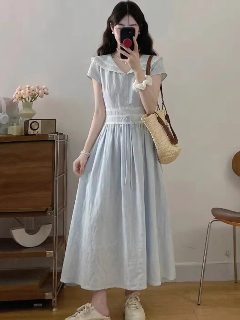 Elegant Blue Doll Collar Dress Women's Summer 2026 Waist Cinching Slimming Long Dress French Style Polyester Fiber A-Line Skirt
Elegant Blue Doll Collar Dress Women's Summer 2026 Waist Cinching Slimming Long Dress French Style Polyester Fiber A-Line Skirt