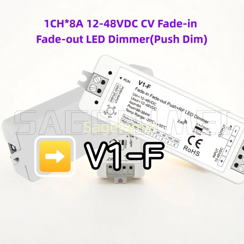 RF LED Dimmer V1-F CV Fade-in Fade-out Push Dim 12V-48VDC 1CH*8A 5 Fading Speed/Step-less Dimming For Single Color LED Strip
RF LED Dimmer V1-F CV Fade-in Fade-out Push Dim 12V-48VDC 1CH*8A 5 Fading Speed/Step-less Dimming For Single Color LED Strip