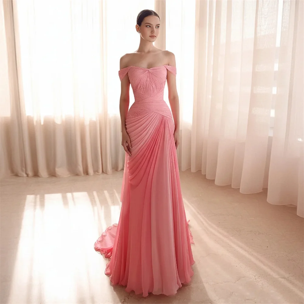 Custom dusty pink off-shoulder pleated evening gown with twisted bust and short sleeves, ruched waist shapes body, soft romantic
Custom dusty pink off-shoulder pleated evening gown with twisted bust and short sleeves, ruched waist shapes body, soft romantic