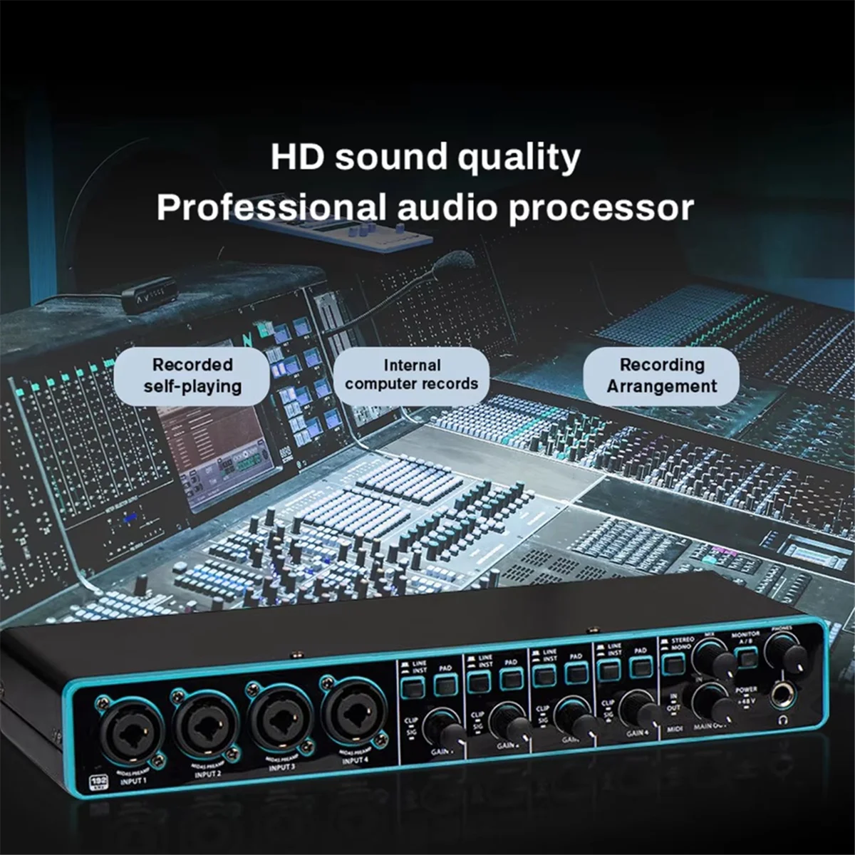 A64E Audio Interface Sound Card Professional Usb Interface Studio Recording 4x4 with Mic Preamplifier for Musical Instrument
A64E Audio Interface Sound Card Professional Usb Interface Studio Recording 4x4 with Mic Preamplifier for Musical Instrument