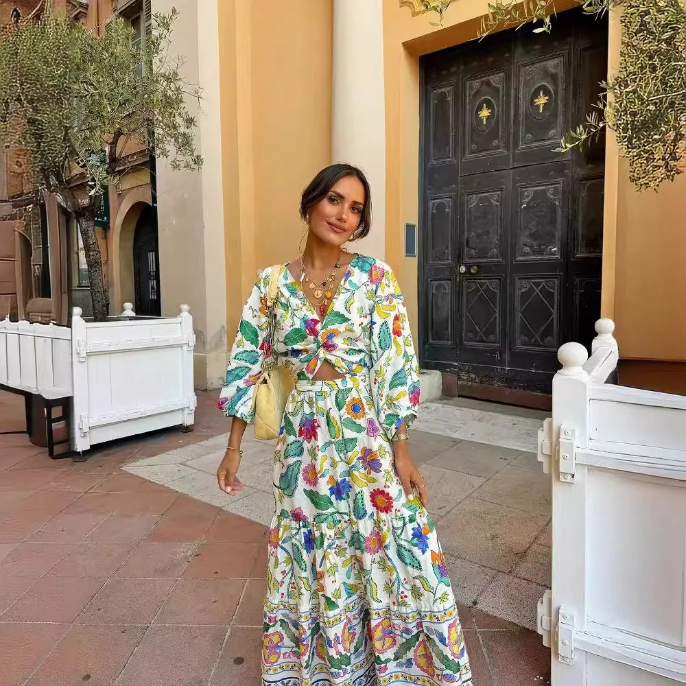 European and American Lantern Sleeve Print Dress Fashion Waist Cut Out Mini Dress Youthful Style
European and American Lantern Sleeve Print Dress Fashion Waist Cut Out Mini Dress Youthful Style