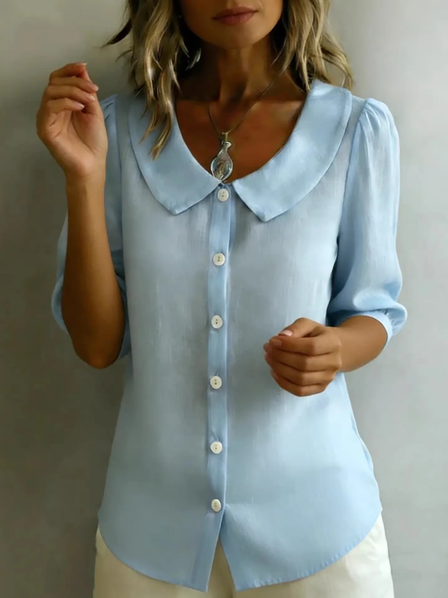 Spring Summer Anti-Aging Doll Collar Bubble Sleeve Loose Shirt Women's Blue Button up Top Fashion European Style Polyester Fa...
Spring Summer Anti-Aging Doll Collar Bubble Sleeve Loose Shirt Women's Blue Button up Top Fashion European Style Polyester Fa...