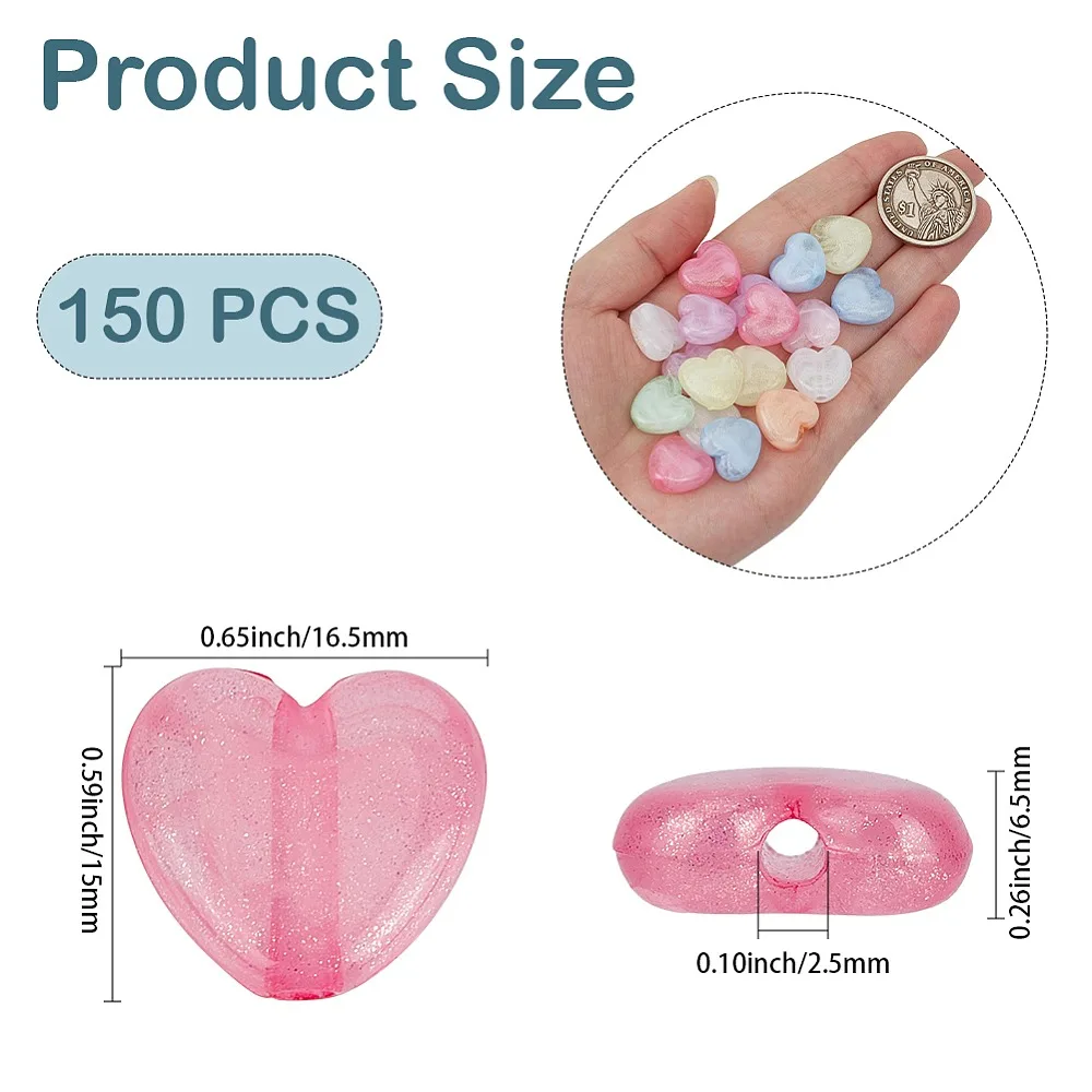 150Pcs Luminous Transparent Acrylic Beads Glow in the Dark Beads Heart with Glitter Powder Mixed Color 15x16.5x6.5mm Hole: 2.5mm
150Pcs Luminous Transparent Acrylic Beads Glow in the Dark Beads Heart with Glitter Powder Mixed Color 15x16.5x6.5mm Hole: 2.5mm