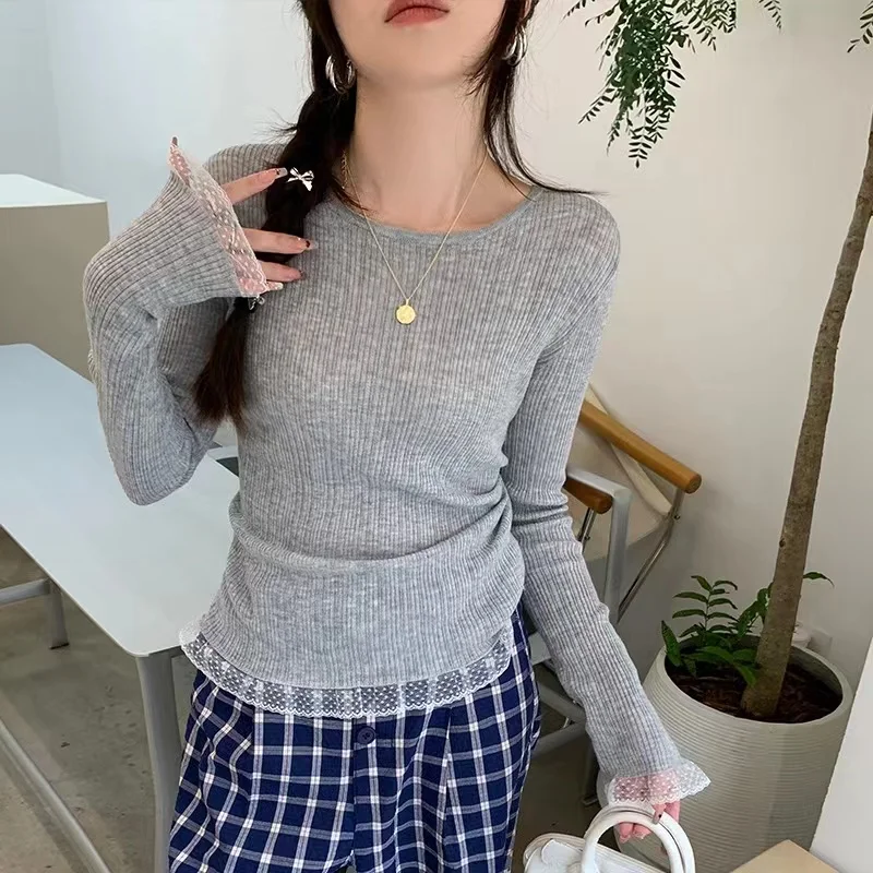 Women's Ribbed Knit Top with Lace Trim Long Sleeve O-neck Stretchy Fitted Shirt Pullovers Sweater Teen-girl Basic Outfit
Women's Ribbed Knit Top with Lace Trim Long Sleeve O-neck Stretchy Fitted Shirt Pullovers Sweater Teen-girl Basic Outfit