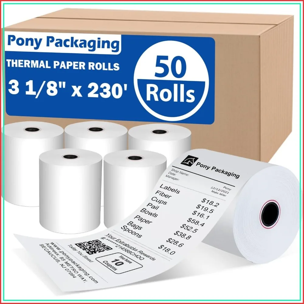 50 Rolls 3 1/8 x 230 Thermal Paper Receipt Rolls, 55 GSM Premium, BPA Free, Fits All POS Cash Registers
50 Rolls 3 1/8 x 230 Thermal Paper Receipt Rolls, 55 GSM Premium, BPA Free, Fits All POS Cash Registers