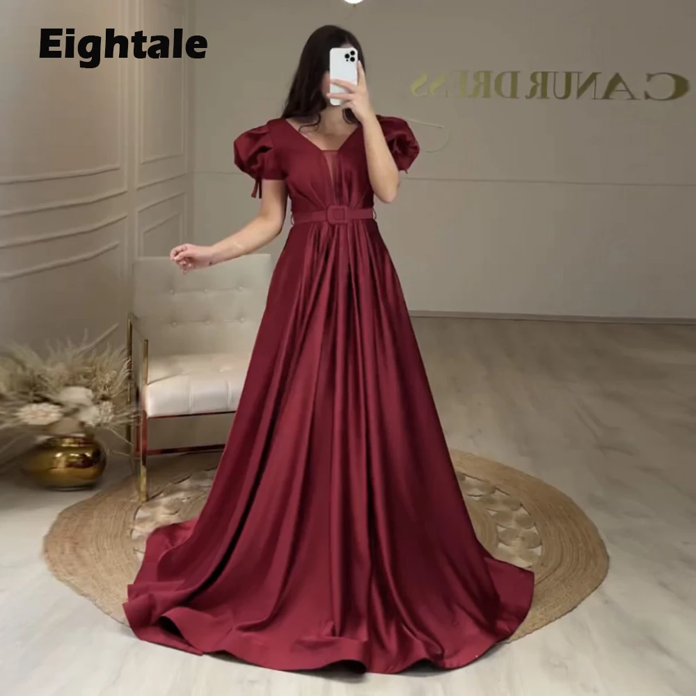 Eightale Burgundy Evening Dress for Wedding Party Sexy A-Line V-Neck Short Cap Sleeves Belt Satin Arabic Celebrity Prom Gowns
Eightale Burgundy Evening Dress for Wedding Party Sexy A-Line V-Neck Short Cap Sleeves Belt Satin Arabic Celebrity Prom Gowns