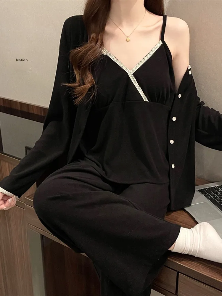 Sweet Style Women's Three-Piece Sleepwear Set with Strap Home Clothes Long Pants Cardigan Spring New Arrival Polyester Fabric
Sweet Style Women's Three-Piece Sleepwear Set with Strap Home Clothes Long Pants Cardigan Spring New Arrival Polyester Fabric