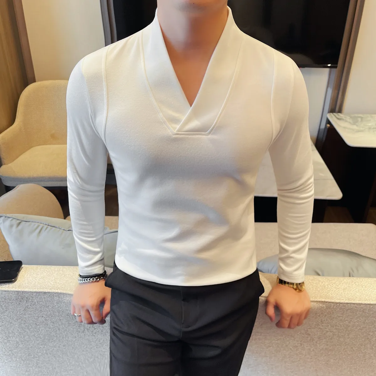 Solid Color V Neck T-Shirts For Man Korean Fashion Long Sleeve Men's T Shirt Slim Fit Casual Elastic Tee Shirt Homme Black/White
Solid Color V Neck T-Shirts For Man Korean Fashion Long Sleeve Men's T Shirt Slim Fit Casual Elastic Tee Shirt Homme Black/White