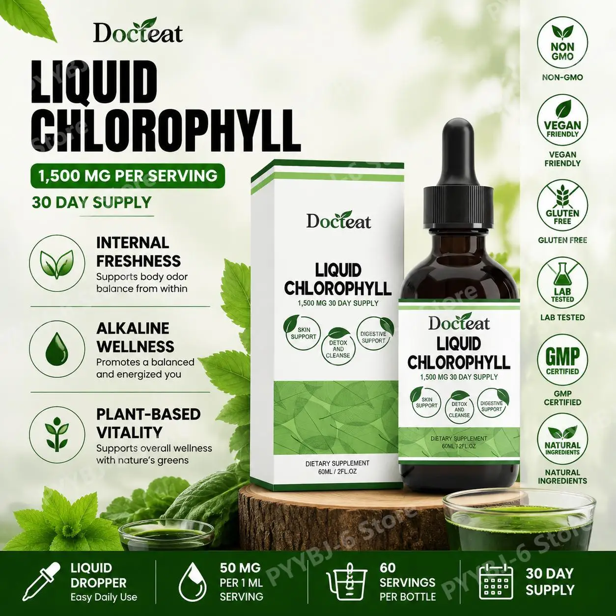Docteat Liquid Chlorophyll Dropper 60ml for Internal Freshness and Body Odor Balance Sodium Copper Chlorophyllin 50Mg 60Servings
Docteat Liquid Chlorophyll Dropper 60ml for Internal Freshness and Body Odor Balance Sodium Copper Chlorophyllin 50Mg 60Servings