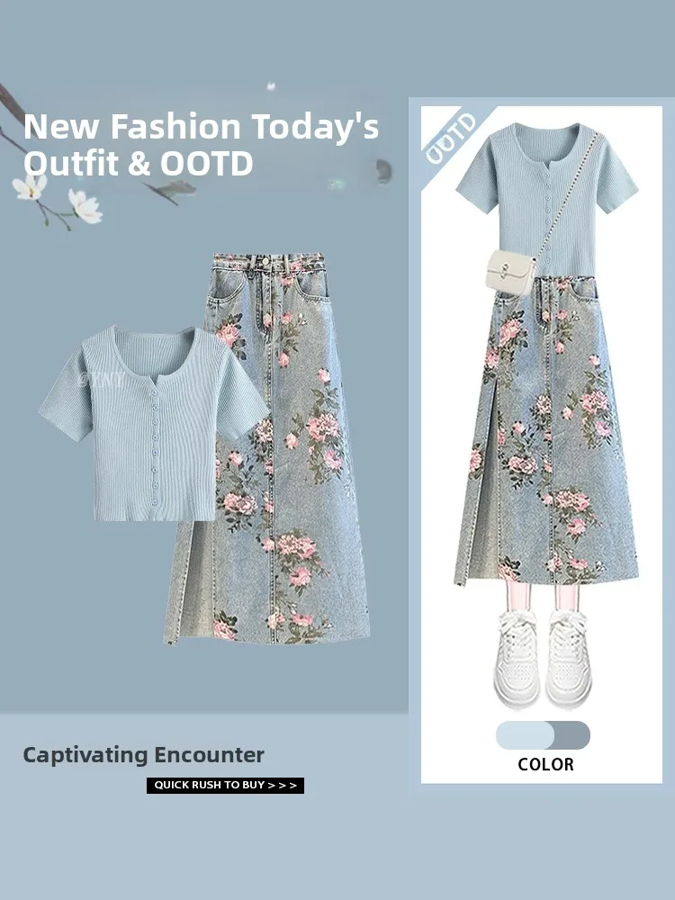Fashionable Summer Outfit Women's Short Sleeve Top And Denim Skirt Slimming Two Piece Set by Yigujie Polyester Fiber But...
Fashionable Summer Outfit Women's Short Sleeve Top And Denim Skirt Slimming Two Piece Set by Yigujie Polyester Fiber But...