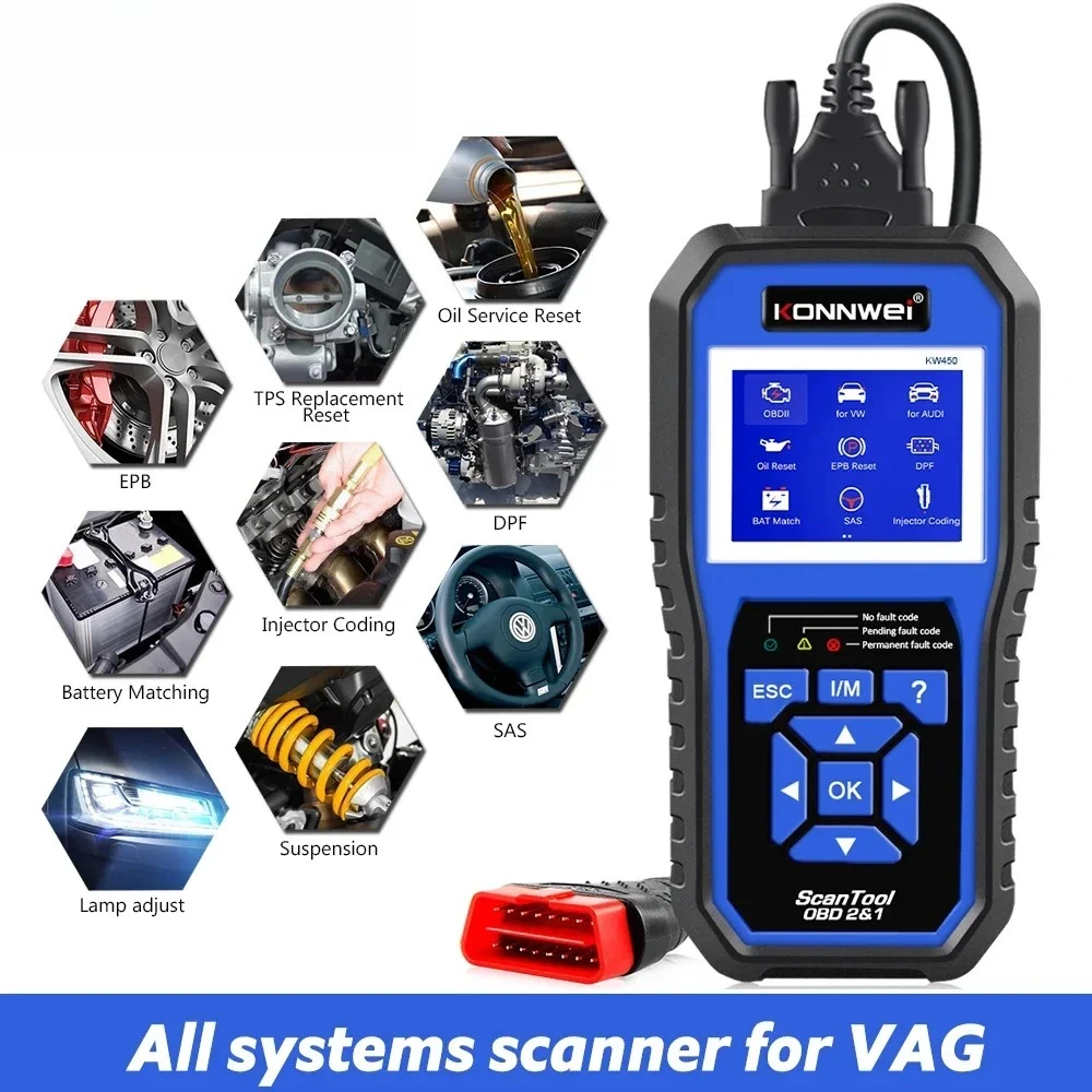 KW450 OBD2 Diagnostic Tool for VAG Cars VW Audi ABS Airbag Oil ABS EPB DPF SRS TPMS Reset Full Systems Scanner VAG COM
KW450 OBD2 Diagnostic Tool for VAG Cars VW Audi ABS Airbag Oil ABS EPB DPF SRS TPMS Reset Full Systems Scanner VAG COM