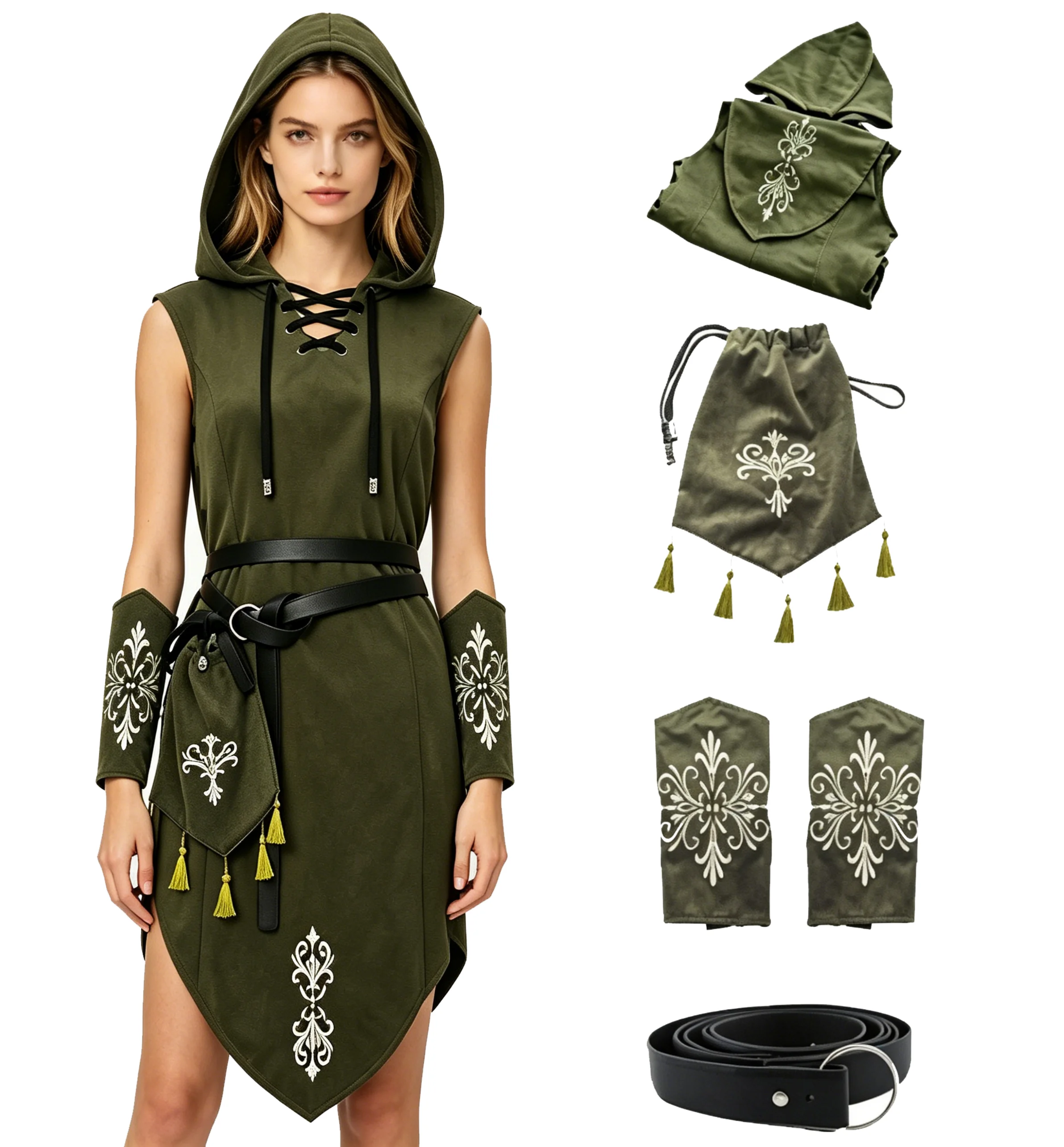 AwwwCos Women's Renaissance Sleeveless Elf Costume 4PCs Medieval Hooded Dress with Bracers Waist Bag Belt for LARP Cos Halloween
AwwwCos Women's Renaissance Sleeveless Elf Costume 4PCs Medieval Hooded Dress with Bracers Waist Bag Belt for LARP Cos Halloween