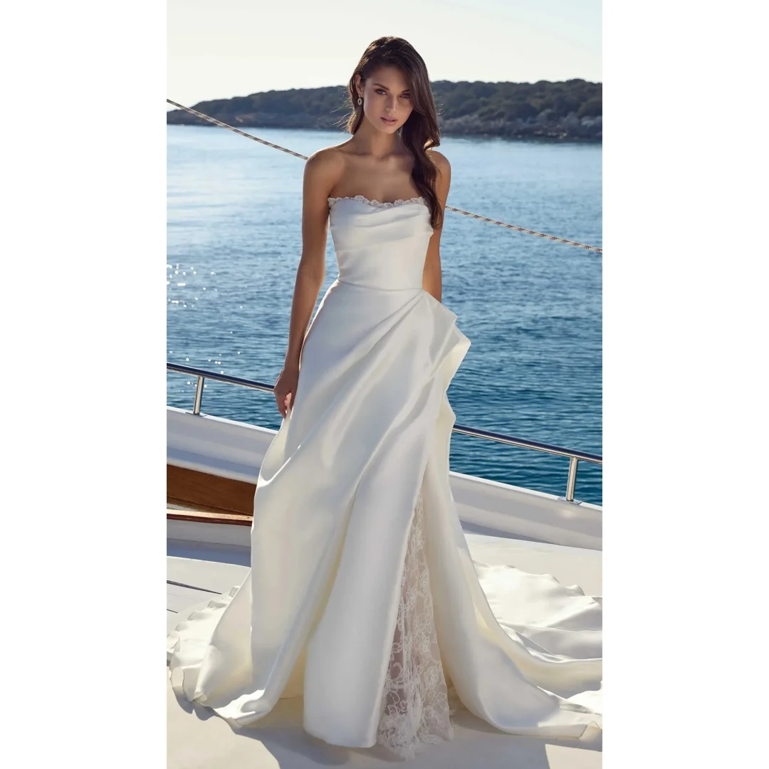Luxurious Floral Satin Strapless A-line Wedding Dresses With Pockest Boat-neck Basque Waist Floor-Length Brides Gowns Customized
Luxurious Floral Satin Strapless A-line Wedding Dresses With Pockest Boat-neck Basque Waist Floor-Length Brides Gowns Customized
