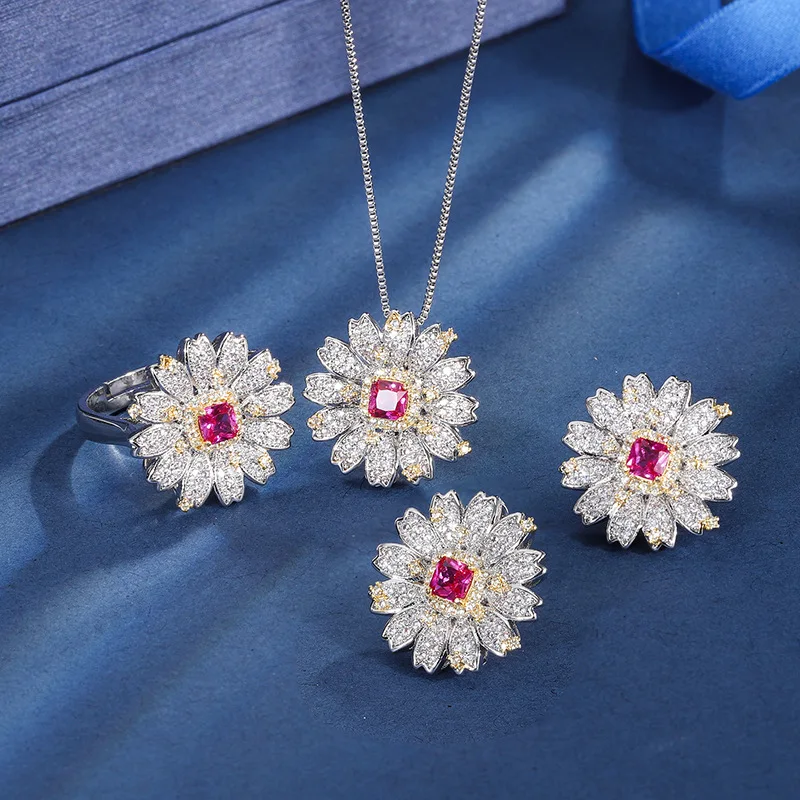 New European and American fashion red corundum flower round pendant necklace, ring, and earring set
New European and American fashion red corundum flower round pendant necklace, ring, and earring set