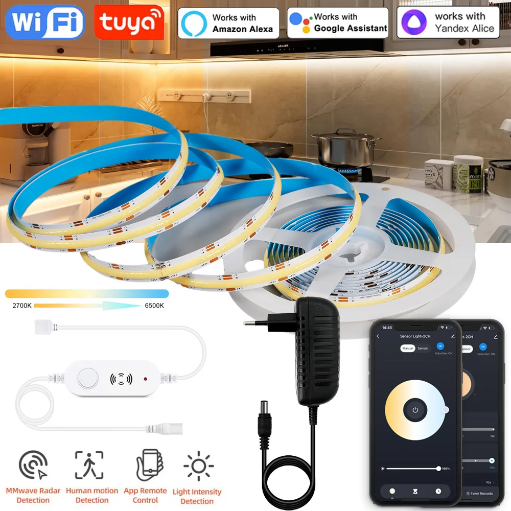 DC24V Tuya Wifi CCT COB LED Strip 608led/m 2700K-6500K LED Tape Linear Dimmable Lights Human Presence Motion Sensor Smart Home
DC24V Tuya Wifi CCT COB LED Strip 608led/m 2700K-6500K LED Tape Linear Dimmable Lights Human Presence Motion Sensor Smart Home