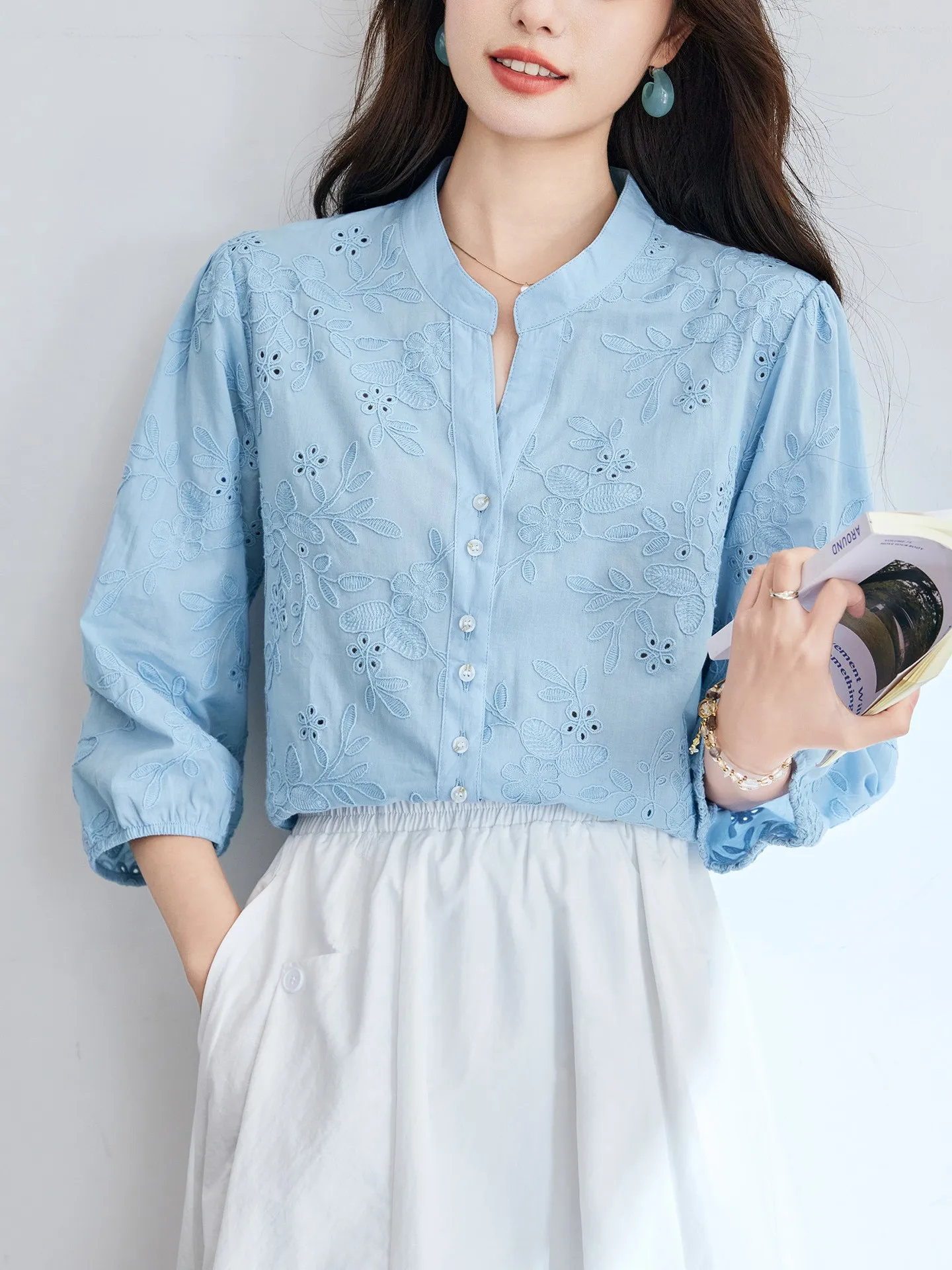 Summer Women's Clothing Elegant Loose Fit Three Quarter Lantern Sleeve Blouse For Woman Cotton Pure Color Casual Wear Top
Summer Women's Clothing Elegant Loose Fit Three Quarter Lantern Sleeve Blouse For Woman Cotton Pure Color Casual Wear Top