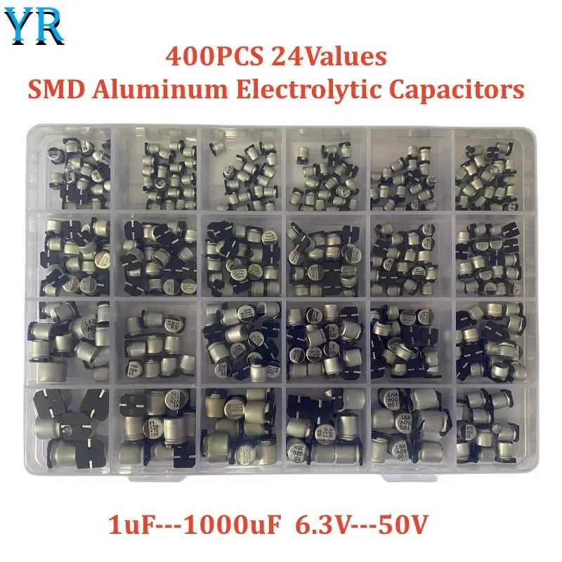 24Value 400PCS SMD Aluminum Electrolytic Capacitors Assortment Kit SMD 1uF-1000uF 6.3V-50V
24Value 400PCS SMD Aluminum Electrolytic Capacitors Assortment Kit SMD 1uF-1000uF 6.3V-50V