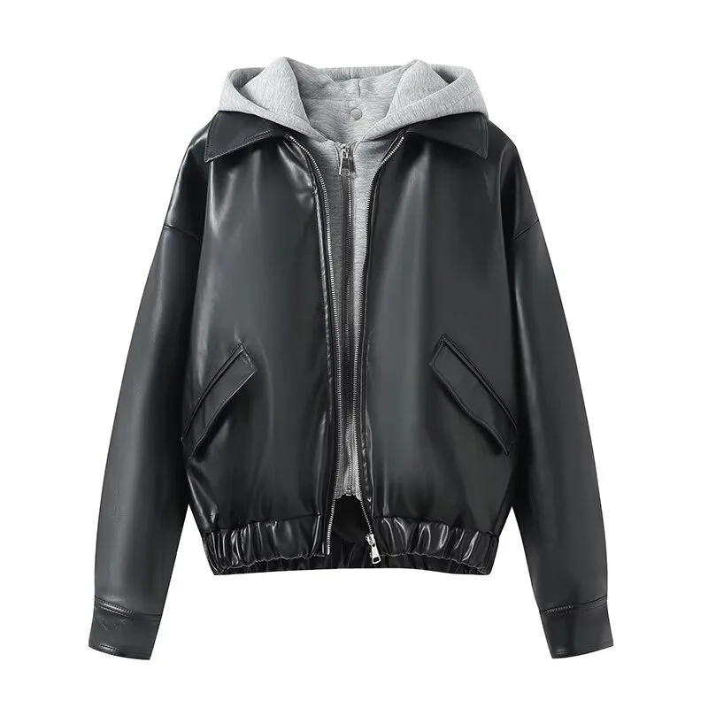 Women's Hooded PU Leather Jacket Faux Two Piece Streetwear New Loose Zip Up Bomber Jacket Fashion Casual Outerwear
Women's Hooded PU Leather Jacket Faux Two Piece Streetwear New Loose Zip Up Bomber Jacket Fashion Casual Outerwear