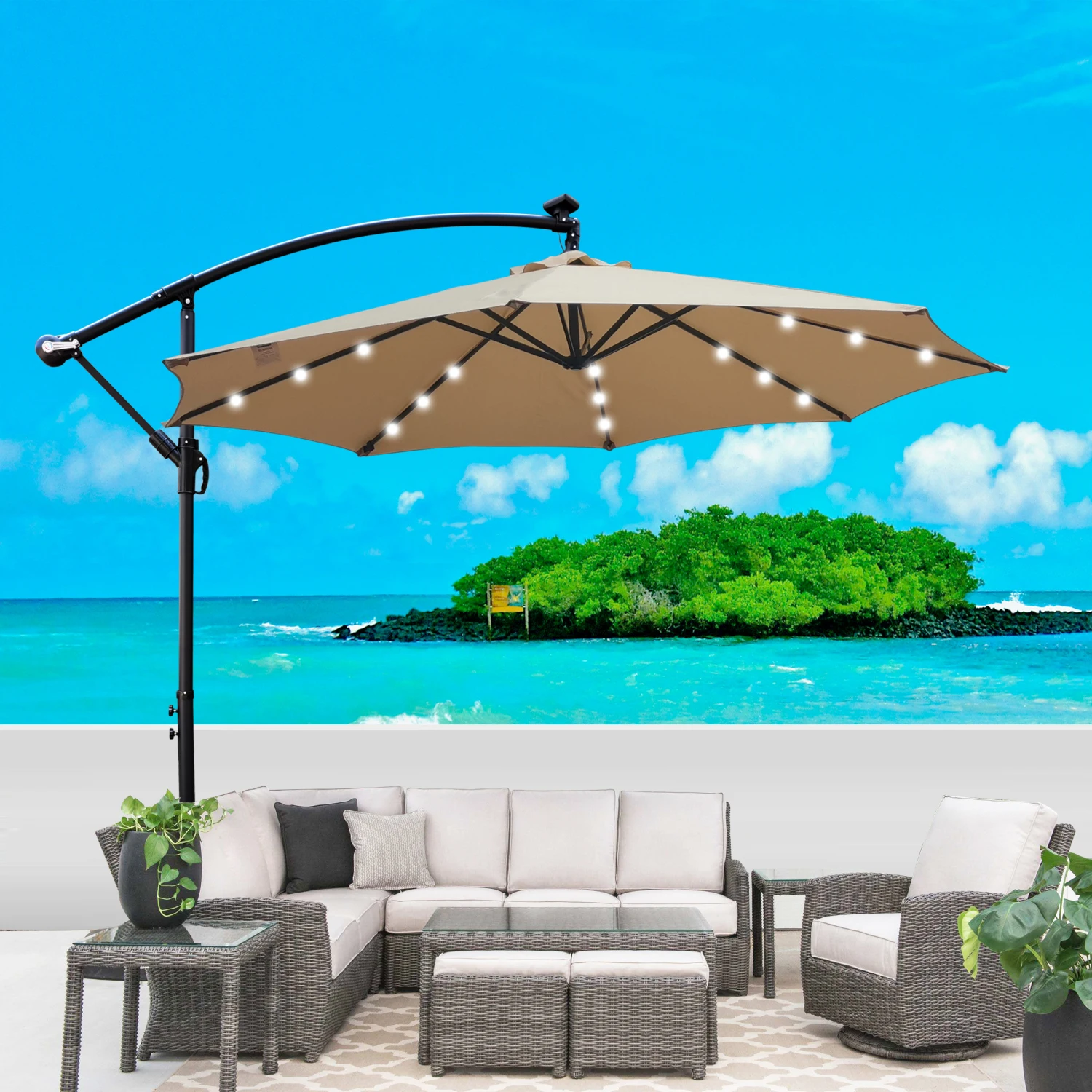 Tan 10 ft Outdoor Patio Umbrella Solar Powered LED Lighted Sun Shade Market Waterproof 8 Ribs Umbrella with Crank and Cross Base
Tan 10 ft Outdoor Patio Umbrella Solar Powered LED Lighted Sun Shade Market Waterproof 8 Ribs Umbrella with Crank and Cross Base