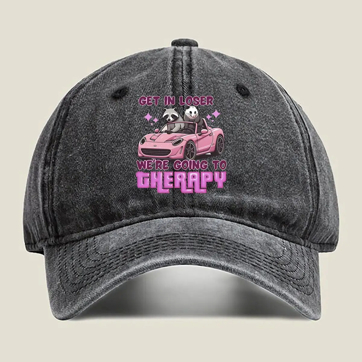 Therapy Art “GET IN LOSER WE'RE GOING TO THERAPY” with Cute, Animal Design Washed Baseball Cap
Therapy Art “GET IN LOSER WE'RE GOING TO THERAPY” with Cute, Animal Design Washed Baseball Cap