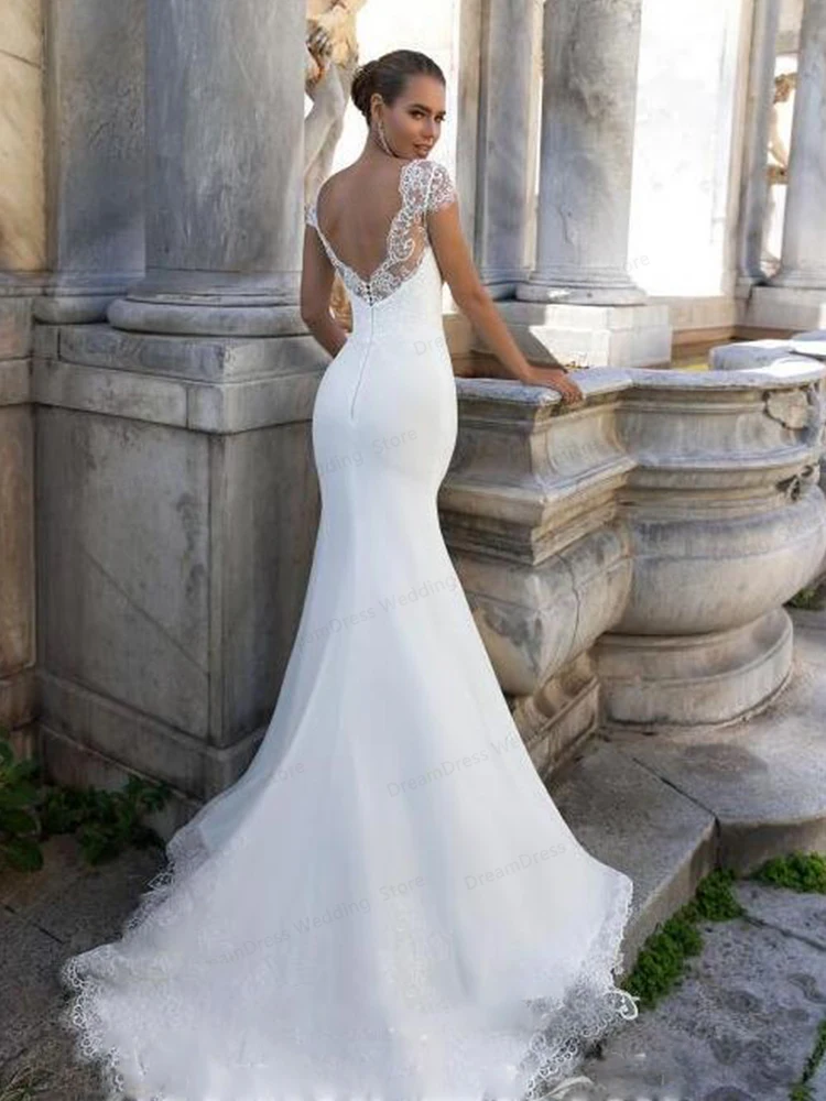 Simple Lace Short Sleeve V-Neck Fish Tail Trailing Dress for Wedding Bridesmaid
Simple Lace Short Sleeve V-Neck Fish Tail Trailing Dress for Wedding Bridesmaid