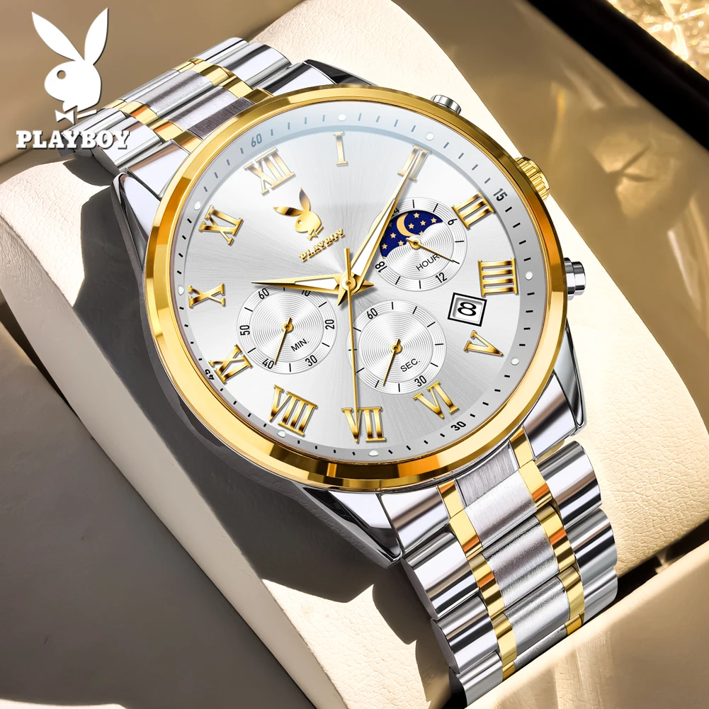 PLAYBOY Men's Watches Solid Steel Strap Multi Function Quartz Watches for Man Moon Phase Chronograph Waterproof Auto Date Watch
PLAYBOY Men's Watches Solid Steel Strap Multi Function Quartz Watches for Man Moon Phase Chronograph Waterproof Auto Date Watch
