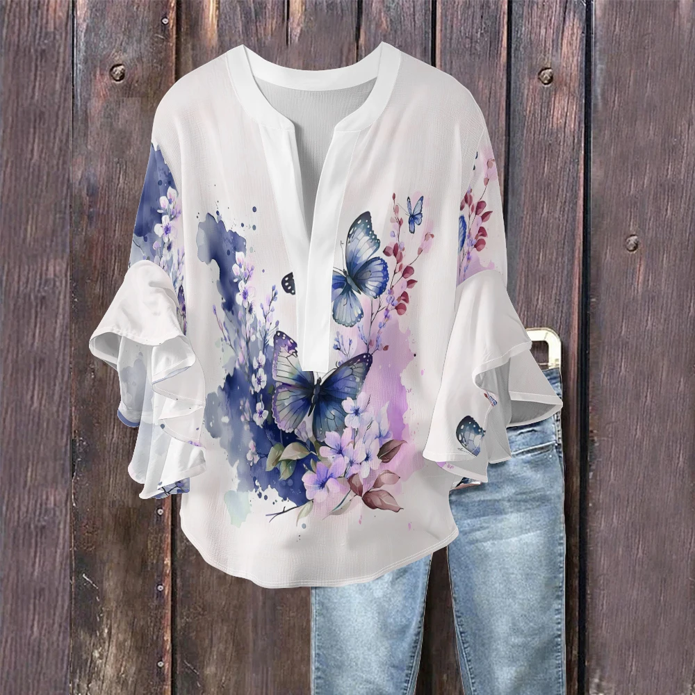 Elegant Pastel Butterfly & Floral Bubble Crepe Blouse Women’s V-Neck Ruffle Sleeve Top Summer Feminine Blouse Hipster Shirts
Elegant Pastel Butterfly & Floral Bubble Crepe Blouse Women’s V-Neck Ruffle Sleeve Top Summer Feminine Blouse Hipster Shirts