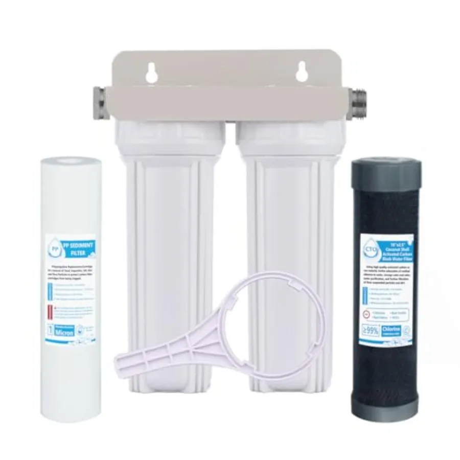 External RV Dual Water Filter System for Reducing Sediment Dirt Sand Rust Scale Particles and Chlorine Taste 3/4" GHT 304 Adapt
External RV Dual Water Filter System for Reducing Sediment Dirt Sand Rust Scale Particles and Chlorine Taste 3/4" GHT 304 Adapt