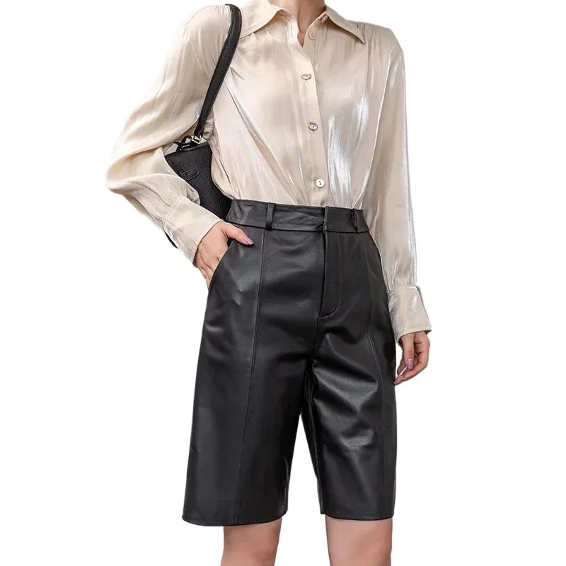 High Quality Real Sheepskin Leather Short Knee-length Women's Clothing Simple Female High Waist Shorts Zjt2400
High Quality Real Sheepskin Leather Short Knee-length Women's Clothing Simple Female High Waist Shorts Zjt2400