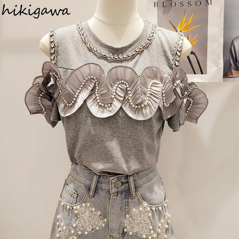 Heavy Beading Tshirts Women Tops Temperament Tees Short Sleeve Off Shoulder T Shirt Fashion Ruffles Summer T-shirt Ropa Mujer
Heavy Beading Tshirts Women Tops Temperament Tees Short Sleeve Off Shoulder T Shirt Fashion Ruffles Summer T-shirt Ropa Mujer