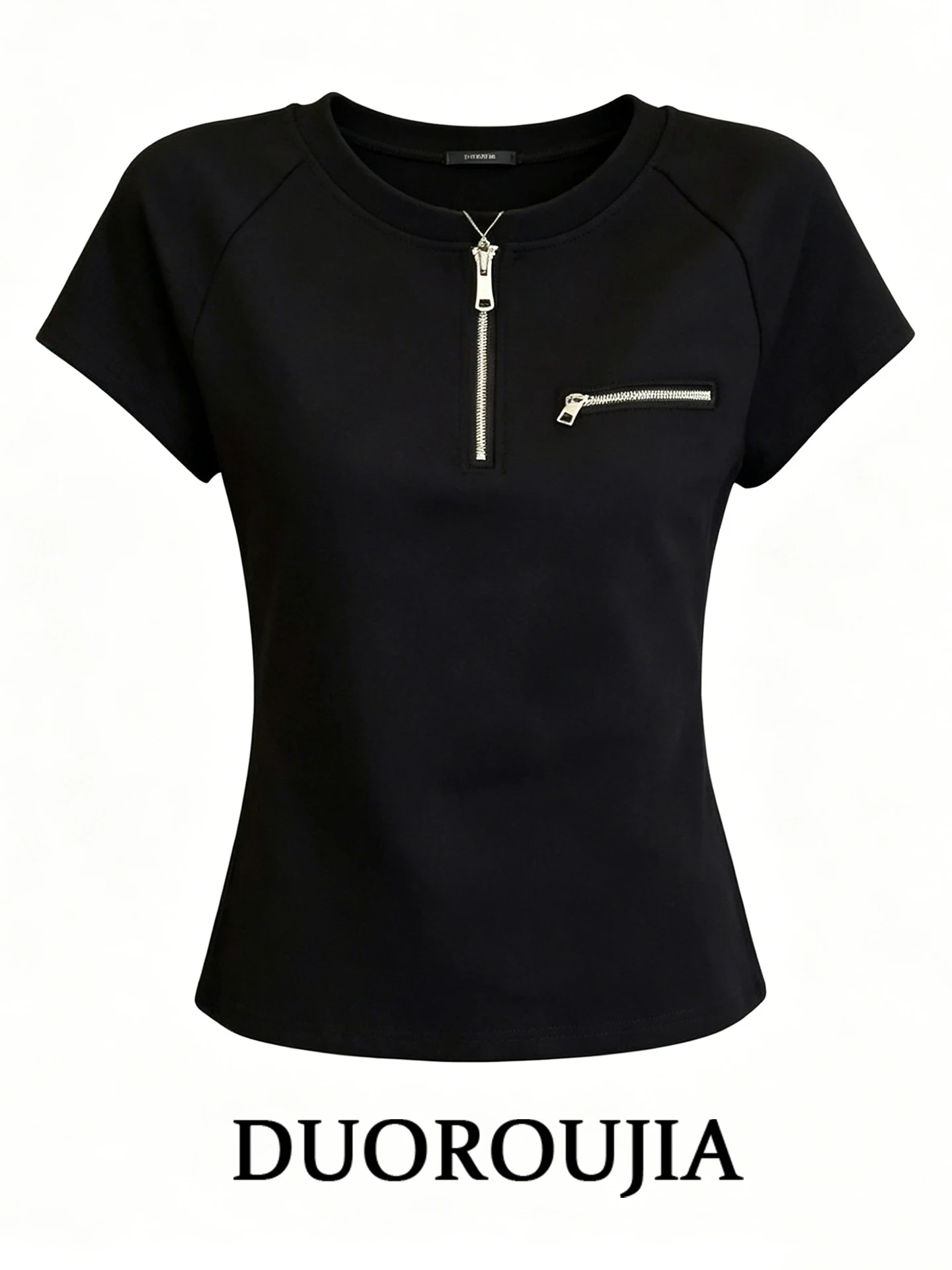Slim Fit Zipper round Neck Short Sleeve Black T-Shirt Women's Summer plus Size Elegant Top Korean Style High Waist Printed
Slim Fit Zipper round Neck Short Sleeve Black T-Shirt Women's Summer plus Size Elegant Top Korean Style High Waist Printed