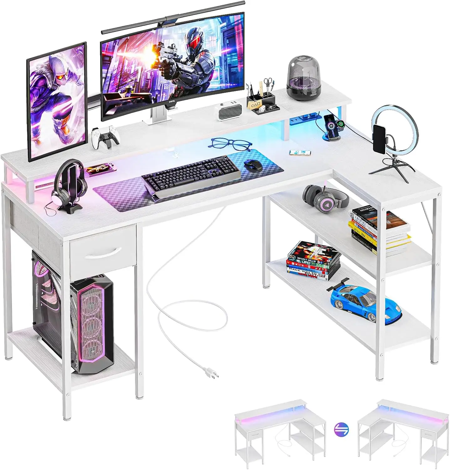 L-Shaped Corner Gaming Desk 53 Inch with LED Lights and USB Charging Ports, Reversible Computer Table for Small Spaces, Includes Power Outlets, Monitor Stand and Storage Shelves, White
L-Shaped Corner Gaming Desk 53 Inch with LED Lights and USB Charging Ports, Reversible Computer Table for Small Spaces, Includes Power Outlets, Monitor Stand and Storage Shelves, White