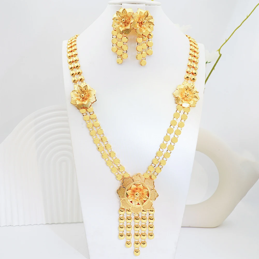 African Flower Long Necklace Jewelry Tassel Earring Wedding Middle East Design Trendy Gold Color Jewelry Party Set Bridal Dubai
African Flower Long Necklace Jewelry Tassel Earring Wedding Middle East Design Trendy Gold Color Jewelry Party Set Bridal Dubai