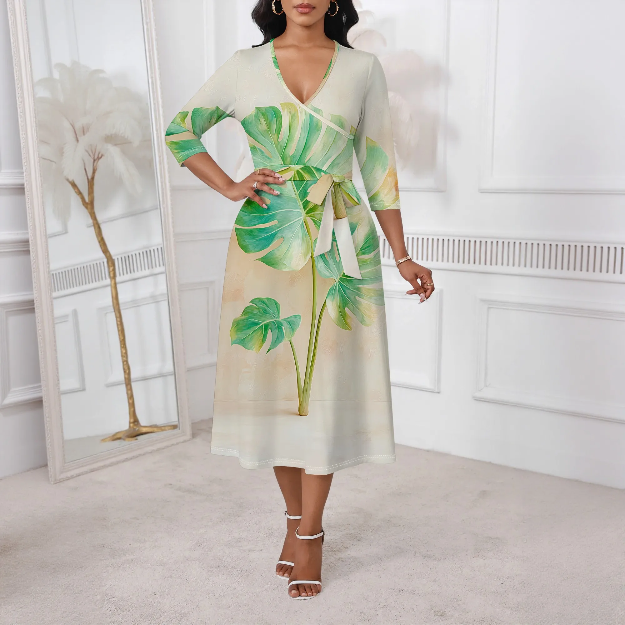 Tropical Monstera Leaf Print Wrap Dress XS-3XL V-Neck Belted A-Line Style for Beach Vacation, Garden Wedding or Summer Brunch
Tropical Monstera Leaf Print Wrap Dress XS-3XL V-Neck Belted A-Line Style for Beach Vacation, Garden Wedding or Summer Brunch