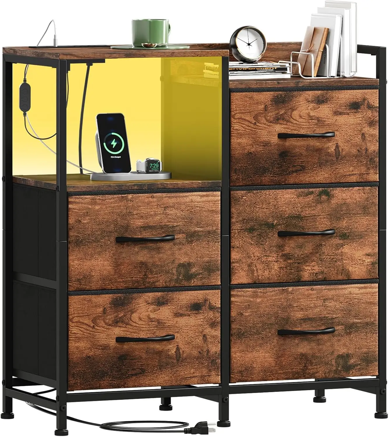 Nightstand with Charging Station, LED Light, 5 Drawers and Open Shelf for Bedroom Storage
Nightstand with Charging Station, LED Light, 5 Drawers and Open Shelf for Bedroom Storage