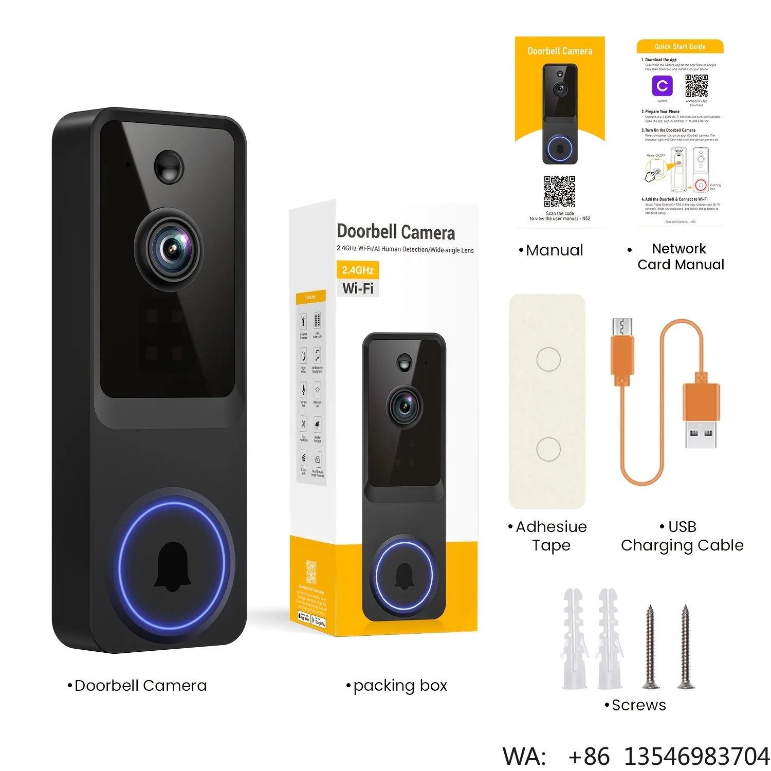 Wireless Doorbell Camera with Night Vision, PIR Sensor, Motion Detection, Real-time Alerts, and Two-way Audio
Wireless Doorbell Camera with Night Vision, PIR Sensor, Motion Detection, Real-time Alerts, and Two-way Audio